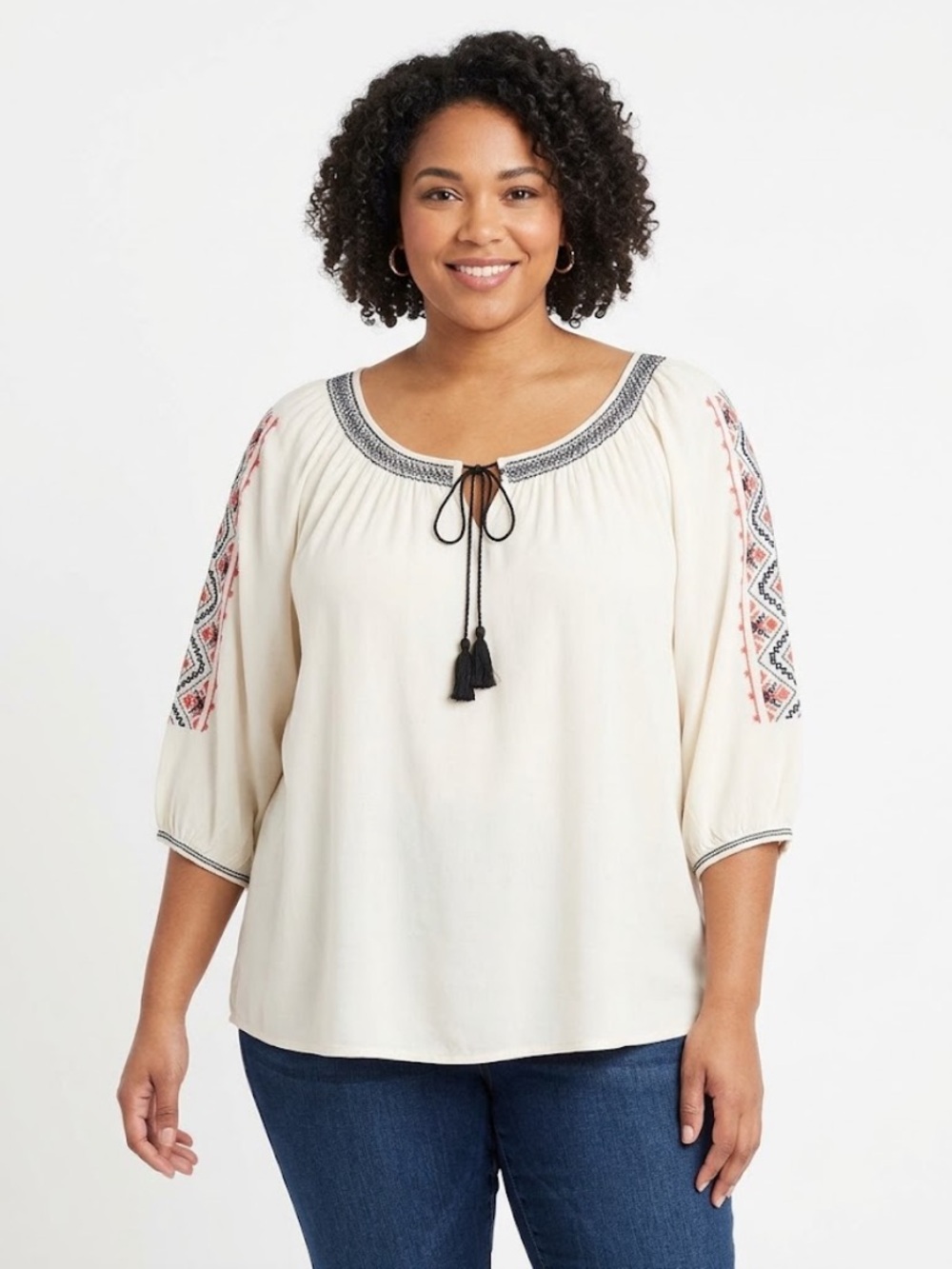 Umgee Cream Peasant Tunic with Black Neck Embroidery & Red Sleeve Accents 2X